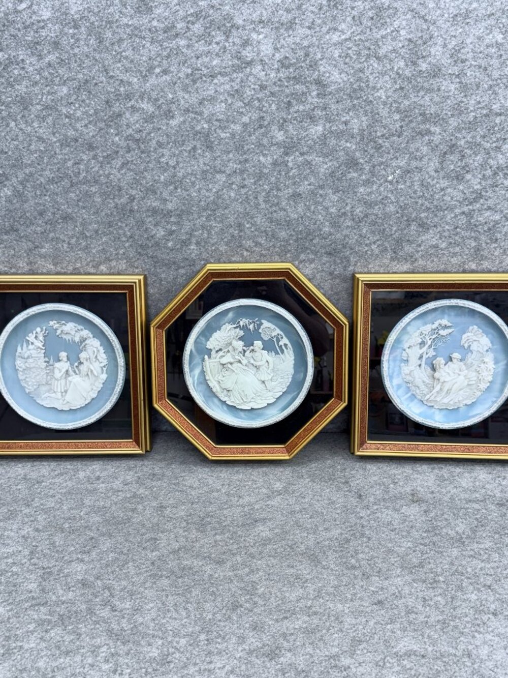 Vintage Incolay Studios Stone Shakespeare Love Sonnets Plates Set 3 Framed Cameo